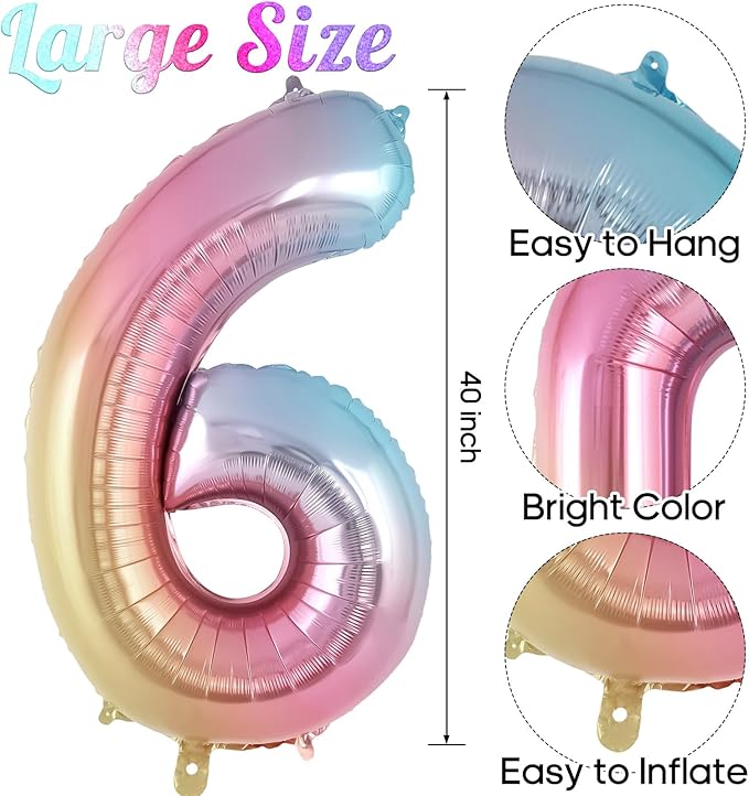Rainbow Gradient Number 6 Balloon, 40 Inch Big Large Foil Number Balloons, Jumbo Mylar Number 6 Balloons for 6 Year Old Birthday Party Decorations Supplies Anniversary Celebration