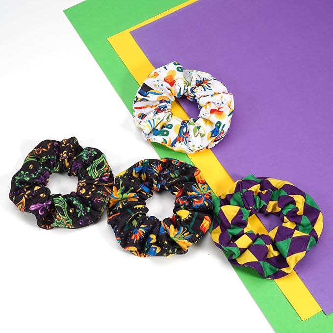 Mardi Gras Hair Ties for Women Girls Purple Fleur De Lis Mask Hair Scrunchies Elastics Hair Bands Scrunchy Ropes Carnival Celebrations Party Hair Accessories 4PCS