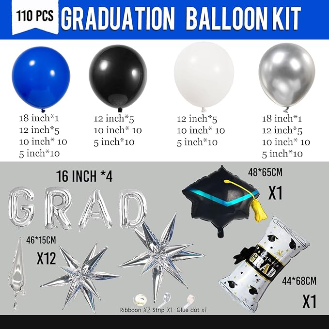 Royal blue and black white silver balloon kit 110PCS with graduation cap star letters Balloons for Congratulations Class of 2026 Graduation Party Decorations Grad Ceremony Prom Party Decorations