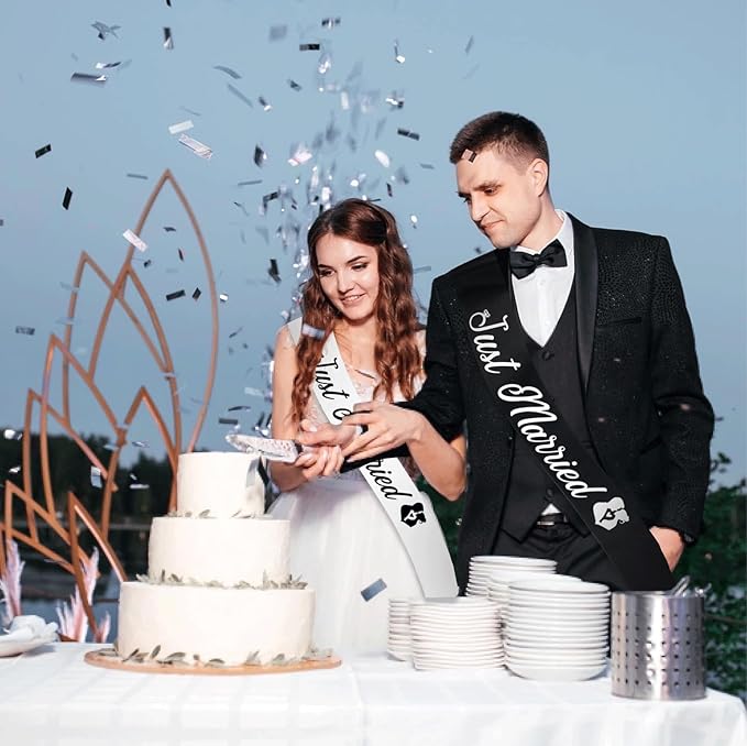 "Just Married - 2 Pcs Bride to Be Sash and Groom to Be Sash Kit, Black White Bachelorette & Bachelor Party Sashes for Wedding Bridal Shower Decorations Engagement Gifts