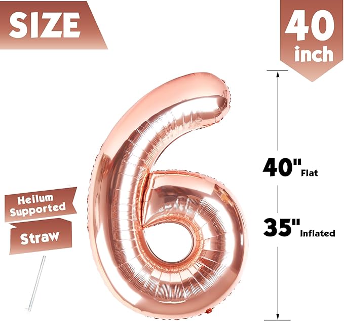 40 Inch Rose Gold Number 6 Balloon, Giant 6 Number Balloons for 6th Birthday Decorations, Party Supplies for Baby Boy Girl, Rose Gold Party Decor