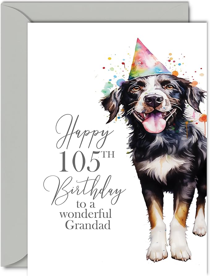 105th Birthday Cards for Grandad - Party Dog - Happy Birthday Card for 105 Year Old Grandad from Granddaughter Grandson, 5x7 Inch Bday Man Men Him Greeting Cards Gift for Grandad Birthday Gifts