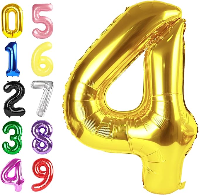 Numbers Balloon, 40 Inch Foil 4 Balloons for Birthday Party Decoration, Gold Number 4 Ballon for 4, 14, 24, 40 Celebration, Birthday, Christmas, Anniversary Decor