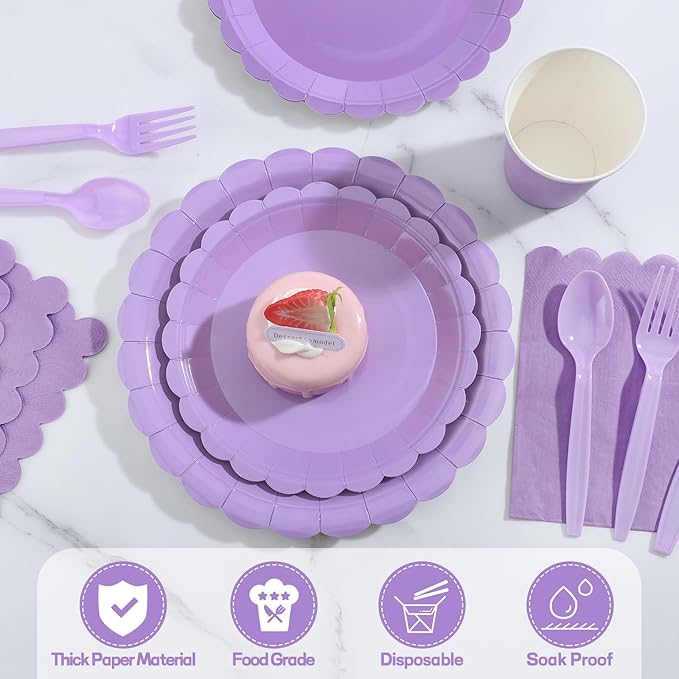 175 Pcs Lavender Paper Plates and Napkins, Light Purple Party Supplies Include Scalloped Easter Plates Napkin Cup Plastic Cutlery for Spring Garden Party, Baby Shower, Wedding