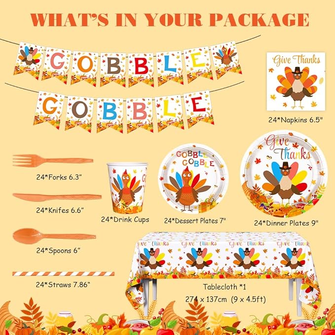 194Pcs Thanksgiving Party Tableware Decorations Supplies Turkey Paper Plates and Napkins Dinnerware Sets Thanksgiving Disposable Plates Set with Napkins and Tablecloth Serves 24