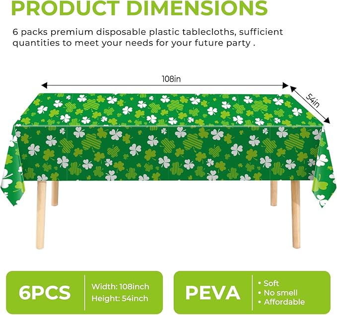 6 Pack Clover Disposable Plastic Tablecloth 54" x 108" Green Shamrock Party Table Cloths Disposable for 6 to 8 Foot Tables St Patricks Day Party Indoor or Outdoor (Clover)