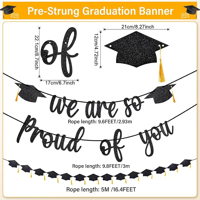 Graduation Decorations 2026, Pre-Strung We Are So Proud of You Banner, Double-Sided Glitter Graduation Banner with Gold Tassels, 2026 Grad Party Decor for College