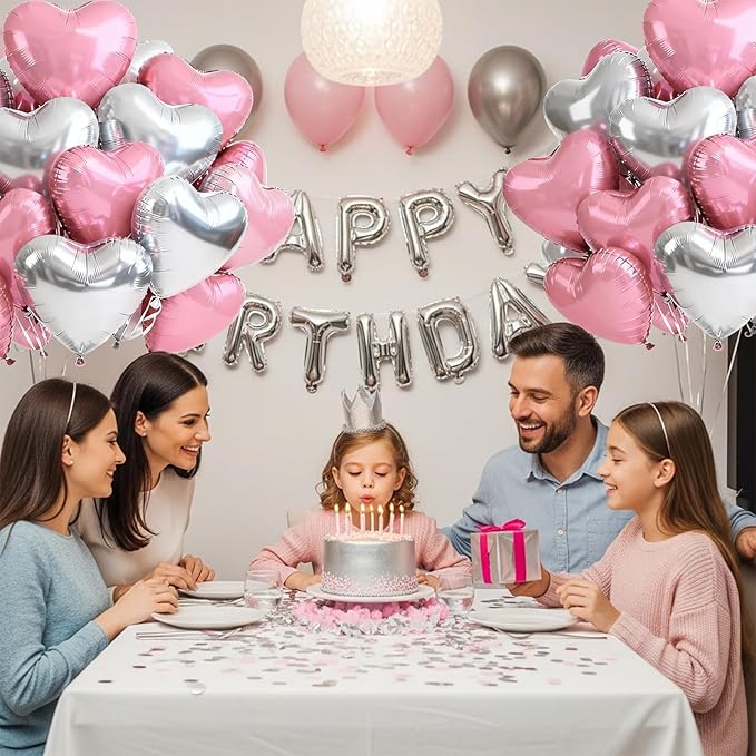 TONIFUL 30Pcs 18 Inch Silver Pink Balloons Heart Shape Foil Mylar Banners Decoration for Birthday Valentine's Day Wedding Bridal Shower Anniversary Engagement Party Supplies