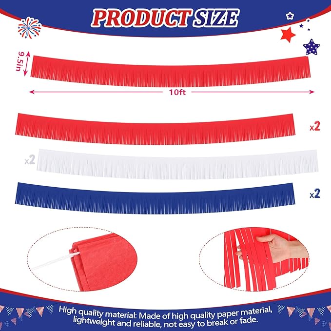 Taiyin 12 Pack 120 Feet 4th of July Decor Patriotic Fringe Garland Red White Blue Paper Fringe Garland Streamers Banner Independence Day Hanging Backdrop Table Skirts for Memorial Day Birthday Party