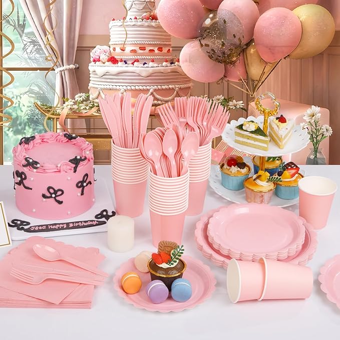 LIYH 350 Pcs Pink Paper Plates and Napkins - 50 Guest Light Pink Party Supplies Include Easter Scalloped Plates Cups Plastic Spoons Forks Knives for Baby Shower Birthday Party,Easter