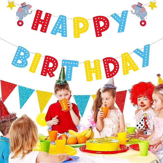Zwiebeco Red Blue Yellow Carnivals Happy Birthday Party Decoration Banner Triangle Flags Pennant Sign Hanging Paper Garland Bunting for Kids Adults Circus Themed Accessories Supplies