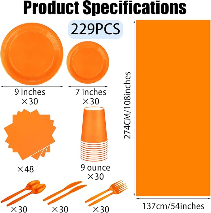 TWOWYHI 229PCS Orange Party Supplies Set Paper Disposable Plates Cups Plastic Spoons Forks Knives Orange Napkins for 30 Guests Disposable Party Dinnerware Sets for Wedding Birthday Parties