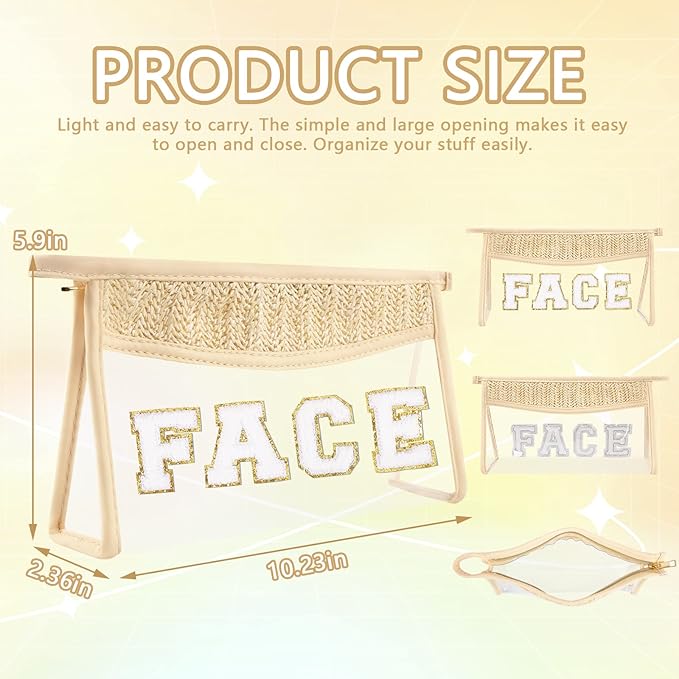 Clear Patch Makeup Letter Bag, Boho Preppy Chenille Letter Cosmetic Bag, Waterproof Zipper Make up Bags Toiletry Pouch for Women Girls, Clear Transparent Organizer Pouch for Travel(Face, Beige)
