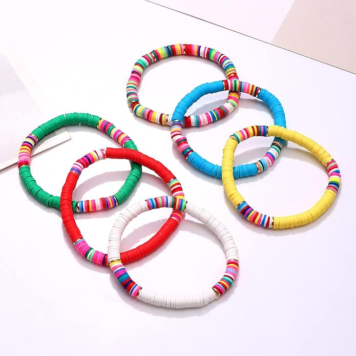 Surfer Heishi Bracelets for Women Stackable Rainbow Vinyl Disc Clay Beaded Stretch Bracelets Elastic Layering Friendship Bracelets Boho Summer Beach Jewelry