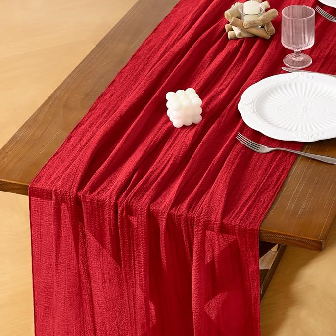 Socomi 3pcs Red Cheesecloth Table Runner Easter Spring Gauze 120 Inch Rustic Boho Cheese Cloth Runner for Wedding Party Baby Bridal Shower Centerpiece Decoration Holiday Home Decorations