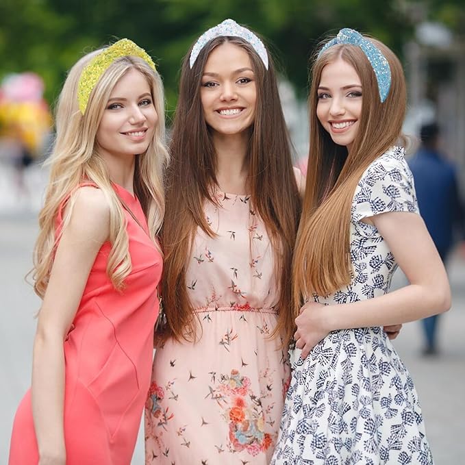 2Pcs Sequin Knotted Headband for Women, Sparkly Knotted Wide Hair Bands for Girls, Glitter Fashion Iridescent Headbands Hair Accessories Fancy Outfits for Party Birthday Prom