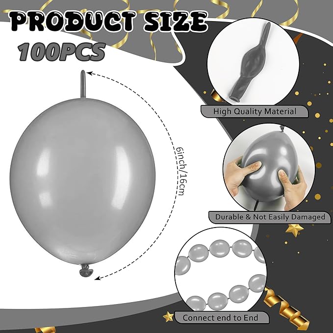 Link Balloons 6 Inch - 100 Pcs Quick Link Balloon Latex Linking Balloons Connected Linkable Balloon Birthday Wedding Party Decorations(Silver)