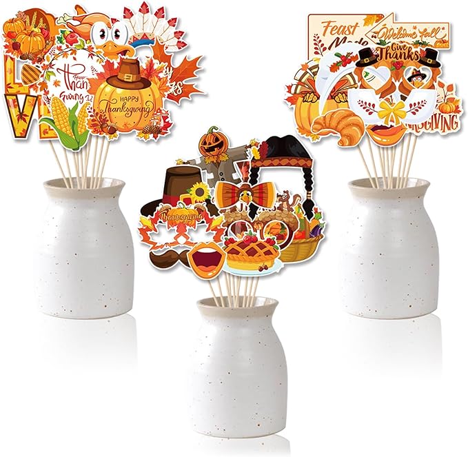 30 pcs Thanksgiving Photo Booth Props Funny Turkey Day Kits DIY Selfie Props with Stick for Fall Thanksgiving Day Party Decoration Favors