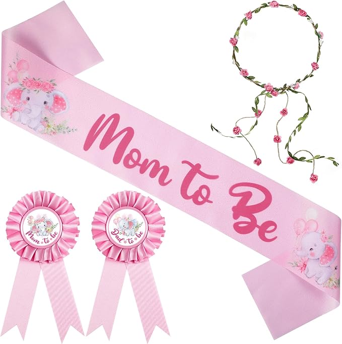 Chunful Elephant Theme Baby Shower Sash Mom to Be Sash and Dad to Be Pin Flower Crown for Gender Reveals Party Baby Shower Party Favors Decorations for Boys and Girls Pregnancy Props Gift (Pink)