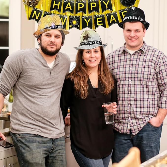 9 Pack New Year Hat Fedora Hats New Years Hats New Year Eve Sequin Hat Gold Black Silver Happy New Year Hat for Adults Men and Women Christmas New Year Party Decorations