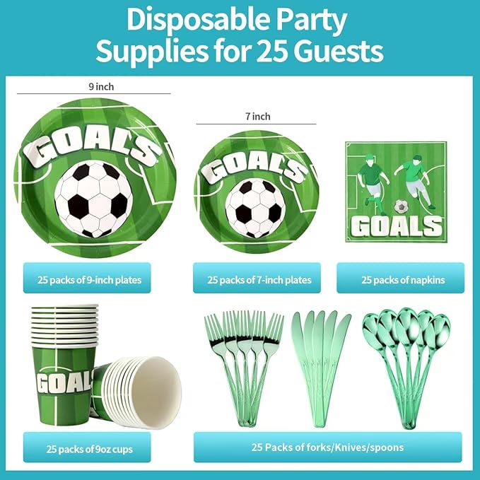 175 Piece Soccer Themed Disposable Plate Set for 25 Guests Party Supplies, Soccer Party Plates, Napkins, Cups, Knives, Forks and Spoons for Boys Game Day Decorations