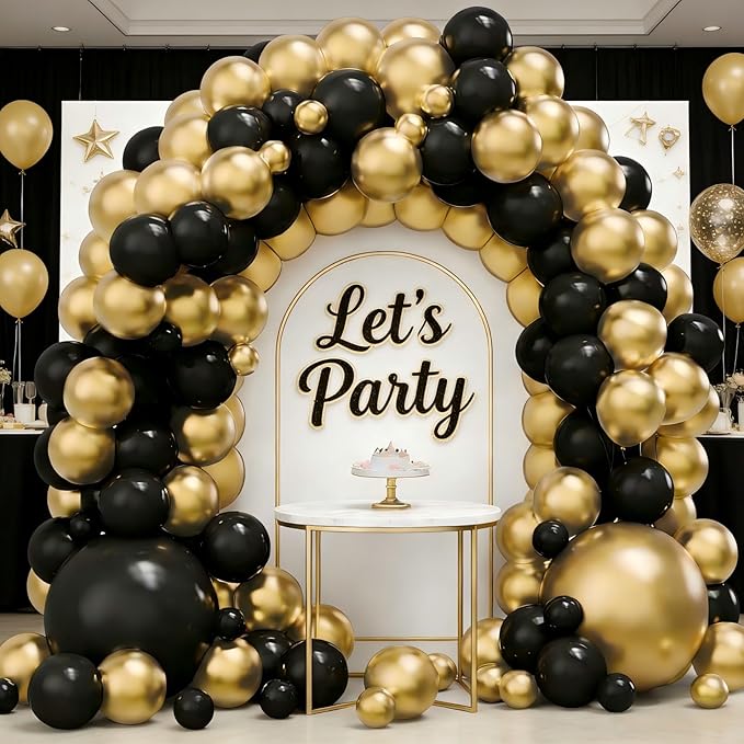 Black and Gold Balloon Garland Arch Kit, 160PCS Black Gold Latex Balloons for New Year Wedding Anniversary Birthday Party Decorations