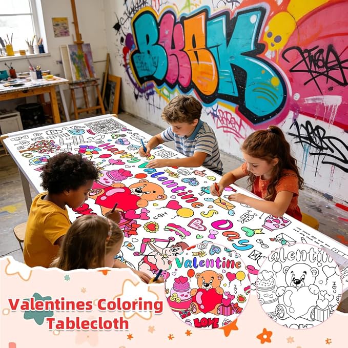 Valentines Coloring Tablecloth/Poster, Valentines Day Gifts for Kids Classroom, Valentines Day Decorations, 72"X30" Giant Paper Coloring Banner Tablecloth for Kids Crafts Activities Party Decorations