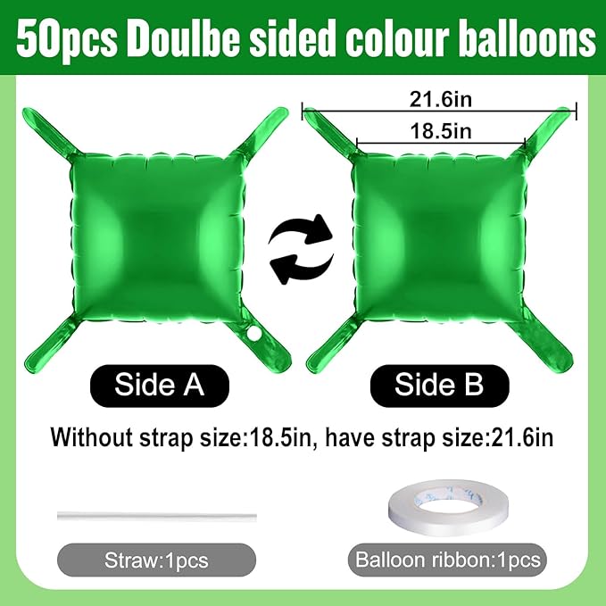 50Pcs Green Square Foil Balloons Wall Backdrop, Double Sided Metallic Foil Balloons Tunnel Arch Garland Kit for Photo Booth Birthday Wedding Halloween Christmas Party Decorations