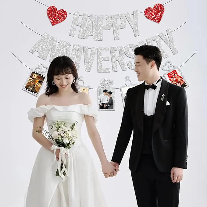 Happy Anniversary Photo Banner Glitter Decor for Wedding Celebration Party Decorations (silver)