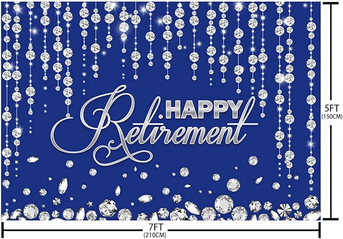 7x5ft Happy Retirement Backdrop for Party Decorations - Navy Blue and Silver Aged Retirement Banner