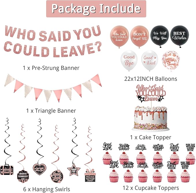 Roetyce Farewell Party Decorations, Rose Gold Who Said You Could Leave Banner Balloons Cake Toppers Hanging Swirls, Pink Going Away Retirement Leaving Party Decorations Coworker Goodbye Party Supplies
