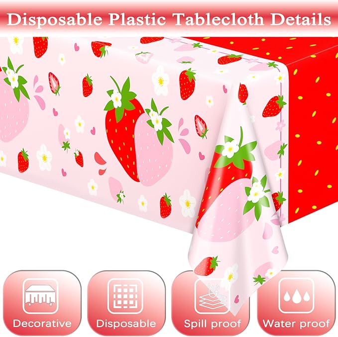 WNINK 3 Pack Strawberry Tablecloths Strawberry Berry Sweet One Table Covers for Birthday Party Decoration Berry Sweet Baby Shower Party Supplies 54" x 108"