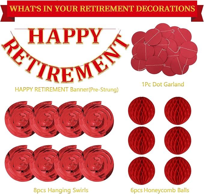 Retirement Party Decorations Kit for Women - 16-Piece Elegant Red Set with Pre-Strung Banner, Honeycomb Balls, Swirls & Garland | Instant Setup Party Decor | Retirement Gifts & Supplies