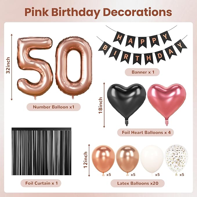 50th Birthday Decorations for Women - Rose Gold, Black and Hot Pink Party Supplies Set with Happy 50th Banner, Number 50 Balloons and Foil Fringe Curtains - 50 Year Old Celebration Kit
