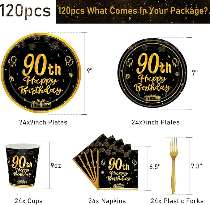 120Pcs 90th Birthday Party Supplies Plates Napkins Cups Forks Tableware Set Gold Black Happy 90th Birthday Themed Disposable Tableware Decoration Serves 24 Guests for Men Women 90 Years Old