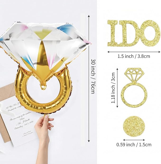 Engagement Party Decorations Set - 2 Giant Diamond Ring Balloons + Gold Confetti Table Scatter, Engagement & Wedding Party Supplies for Bridal Shower, Bachelorette, Anniversary Celebration