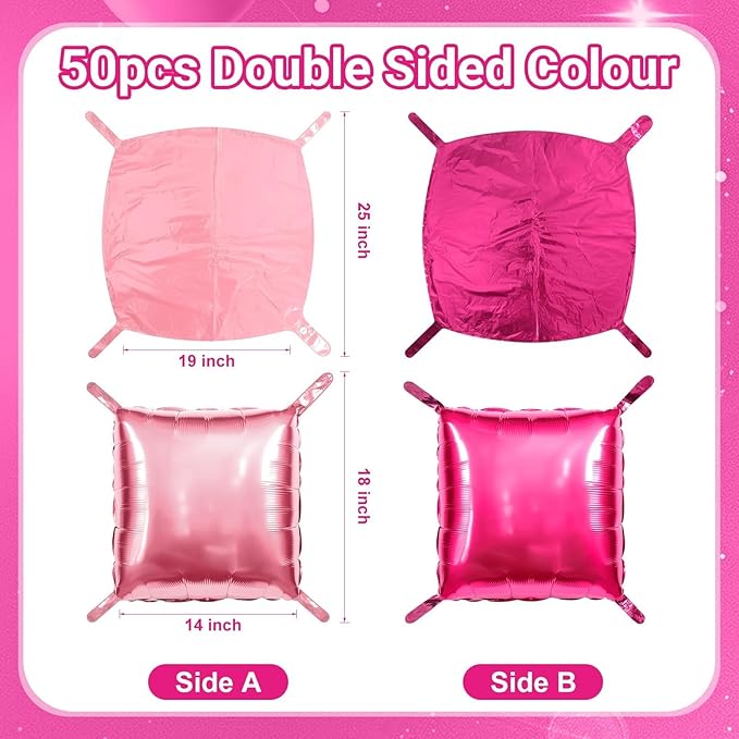 50 PCS Hot Pink Square Foil Balloons, Reusable Double Sided DIY Mylar Balloon Arch & Wall Backdrop Kit for Bridal Wedding Birthday Bachelorette Graduation Baby Shower Party Decorations