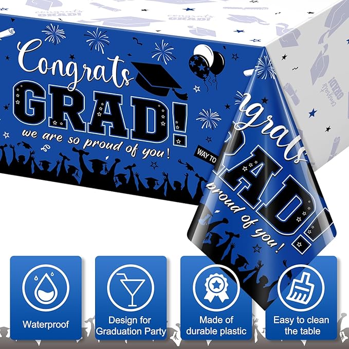 12 Pack Graduation Tablecloth Party Decorations, Class of 2026 Congrats Grad Plastic Tablecover Party Supplies, Blue Rectangle Graduation Table Decorations for College High School Party, 54 x 108 Inch
