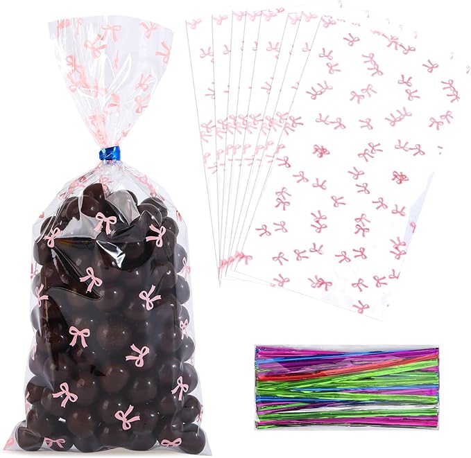 SOMIOCO Clear Cello Cellophane Treat Party Favor Bags Pink Candy Cookie Plastic gift Goodie Bags with Twist Tie for Birthday,Baby shower,Wedding,Party(Bow Pattern) 100 PCS 4X9 In
