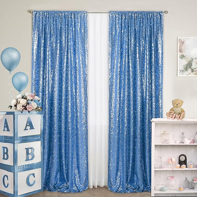 B-COOL Baby Blue Backdrop Curtains 4 Panels Baby Shower Sparkly Drapes 2ft x 8ft Baby Shower Curtain Drapes Baby Blue Spring Stage Backdrop Fabric