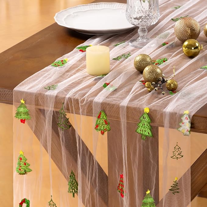 Socomi 3pcs Christmas Table Runner Tulle Gauze Cheesecloth Embroidery Sheer Table Runners for Winter Wedding Party Baby Shower Birthday Holiday Picnic Home Decor