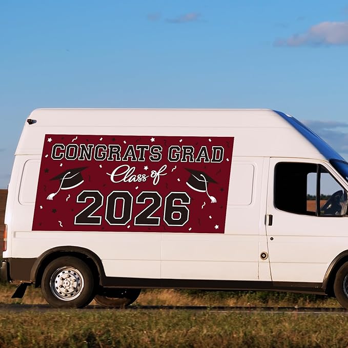 2026 Graduation Party Plastic Backdrop - 65" x 32.7" Congrats Grad Banner in Maroon, Large Class of 2026 Decorations, Photography & Grad Party Supplies