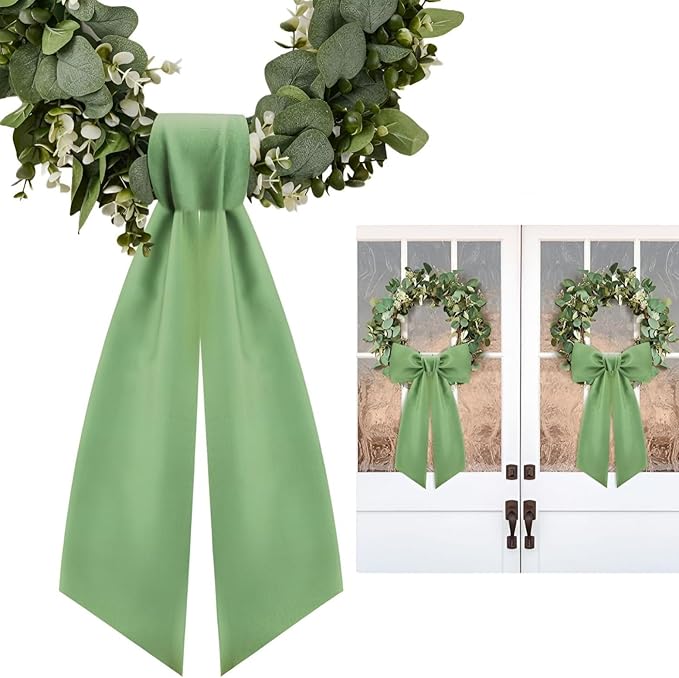 2 Pack White Wreath Sash for Front Door Blank Sashes 3.7 x 54 Inch Polyester Plain Door Decoration for Christmas Halloween Party Porch Yard Outdoor (Green)