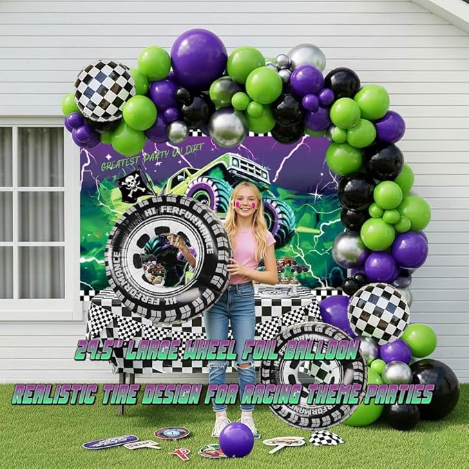 Monster Truck Theme Birthday Decorations include Purple Green Black Balloons Ribbon Arch Cake Paper Card Toppers Tablecloth Backdrop Truck Birthday Decor for Boys Racing Party Decoration Supplies