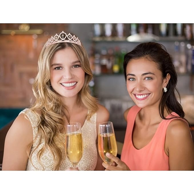 CIEHER Crystal Crown + Bride to Be Sash + Bridal Veil Set, Bachelorette Party Decorations - Rose Gold