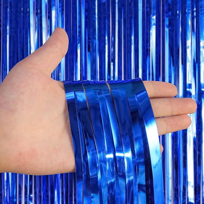 2 Pack Fringe Curtains Backdrops, Foil Fringe Curtains, Door Streamers for Birthday Wedding Bridal Shower Holiday Graduation Party Decorations, Photo Booth Backdrops, Blue