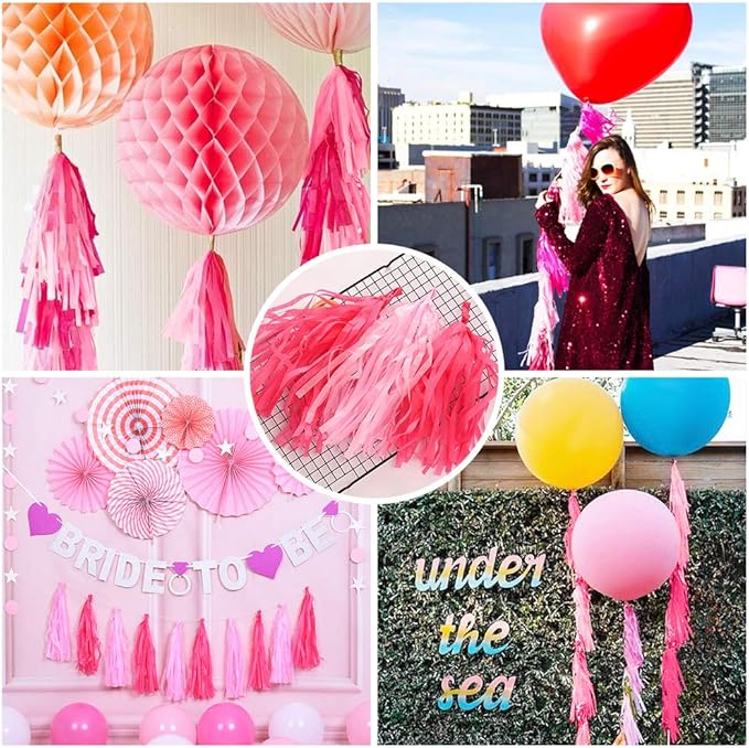 Pink Tissue Paper Tassel DIY Hanging Paper Decorations Party Garland for Parties, Weddings, Festivals, Baby Showers - 20PCS (25cm)