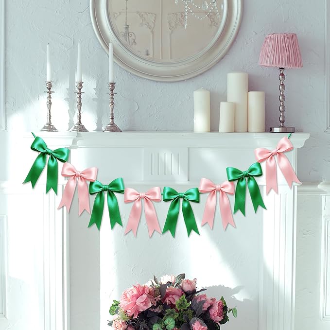 2 Strings of 16PCS Pink&Green Bow Garlands Banner Wicked Party Decoration,Pre-Strung Satin Ribbon Ornaments for Birthday,Bachelorette Party,Wedding,Engagement,Baby Shower,Graduation Decor,Anniversary