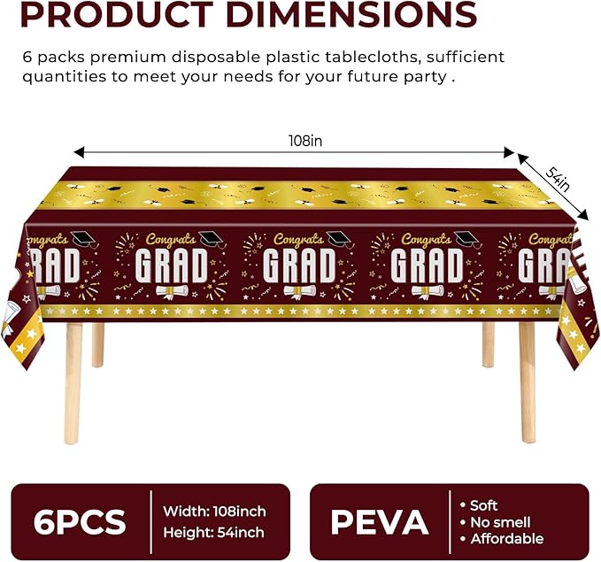 6 Pack Disposable Plastic Tablecloth 54" x 108" Burgundy Class of 2026 Grad Party Table Cloths Disposable for 6 to 8 Foot Tables Graduation Party Indoor or Outdoor (Graduation Burgundy)