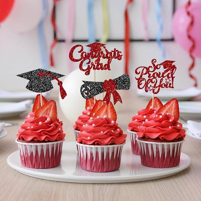 24Pcs Black Red Graduation Cupcake Toppers 2026, Glitter Grad Cap Diploma Congrats Grad We Are So Proud of You Cupcake Toppers for Class of 2026 Graduation Party Decorations.